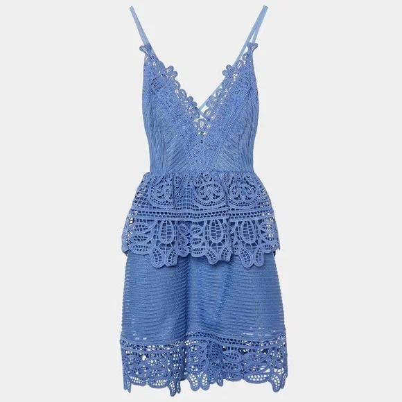 chinese dress ladies Chi Chi Petite Bardot Premium Lace Peplum Midi Dress in Blue, Size 6 main image 0